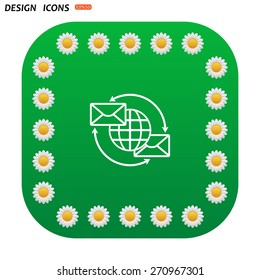 Green button with white daisies for mobile applications. Internet e-mai, envelope lette, Globe. icon. vector design
