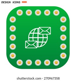 Green button with white daisies for mobile applications. Internet e-mai, envelope lette, Globe. icon. vector design