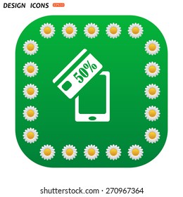 Green button with white daisies for mobile applications. Discount label, Smartphone, phone, mobile phone. icon. vector design