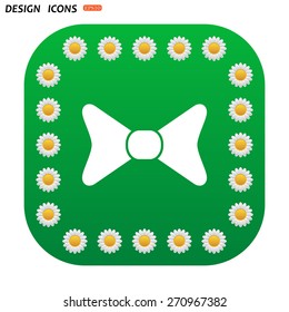Green button with white daisies for mobile applications. bow tie. icon. vector design