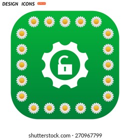 Green button with white daisies for mobile applications. unlock settings. icon. vector design