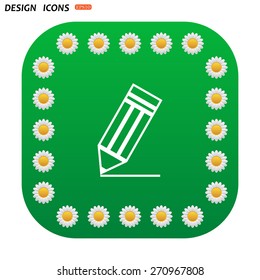 Green button with white daisies for mobile applications.  pencil. icon. vector design