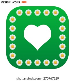 Green button with white daisies for mobile applications. heart. icon. vector design
