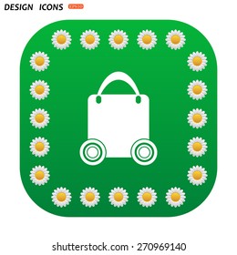Green button with white daisies for mobile applications. bag on wheels. icon. vector design