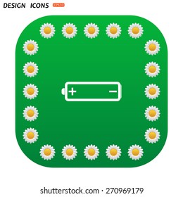 Green button with white daisies for mobile applications. battery. icon. vector design