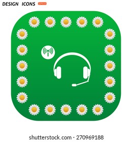 Green button with white daisies for mobile applications. Headphones. Musical accessories running through wi-fi network. icon. vector design