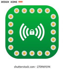 Green button with white daisies for mobile applications. Wireless network access is closed, locked. icon. vector design