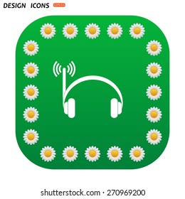 Green button with white daisies for mobile applications. Headphones. Musical accessories running through wi-fi network. icon. vector design
