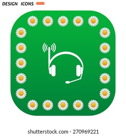 Green button with white daisies for mobile applications. Headphones. Musical accessories running through wi-fi network. icon. vector design