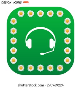 Green button with white daisies for mobile applications. Headphones. Musical accessory. icon. vector design