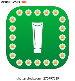 Green button with white daisies for mobile applications. tube for cream or another cosmetic remedy. icon. vector design