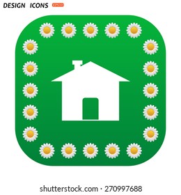 Green button with white daisies for mobile applications. Home. icon. vector design