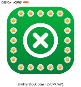 Green button with white daisies for mobile applications. Delete icon. Cross sign in circle - can be used as symbols of wrong, close, deny etc. icon. vector design