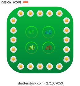 Green button with white daisies for mobile applications. Indicator lights on the car dashboard, dipped beam, main beam, fog lights, brake, rear fog lights. icon. vector design