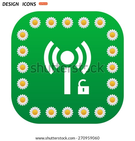Green button with white daisies for mobile applications. Wireless network access is open, unlocked. icon. vector design
