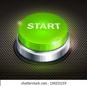 Green button with words start on black background. Vector Illustration.