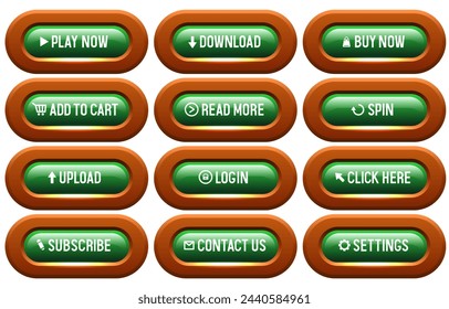 Green buttons in a brown frame. Big set of vector buttons for web design.