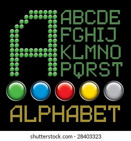 letras de botones verdes aisladas en fondo negro