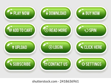 Green buttons for website. Set of vector 3D buttons isolated on black background.