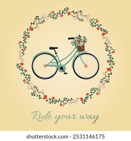Green bycicle on yellow background surrounded with delicate flowers. Vector illustration.