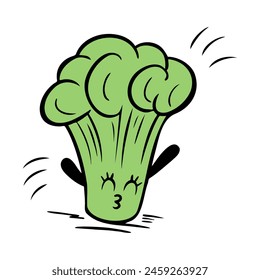 Green cabbage Broccoli doodle drawing, funny healthy eating illustration, isolated on white background.