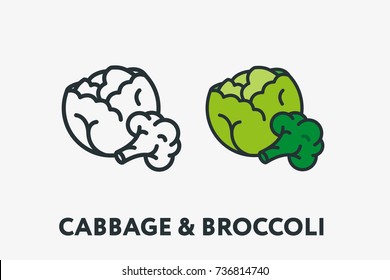 Green Cabbage and Broccoli Vegetable Minimal Flat Line Outline Colorful and Stroke Icon Pictogram