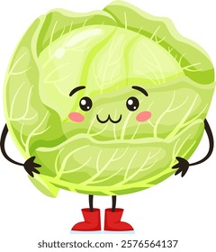 Green cabbage cartoon character with big kind eyes and a sweet smile wearing, red boots is holding itself with its hands and standing on thin legs