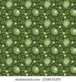 Green cabbage and floral pattern on dark background.