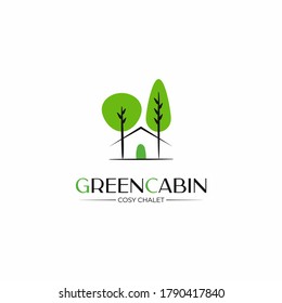 Green cabin vector logo template. Design template of a house between two trees. Chalet logo.