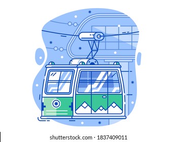 Green cable car in flat design. Electric ski lift or gondola icon in line art. Winter funicular illustration. Mountain ski resort cableway concept.