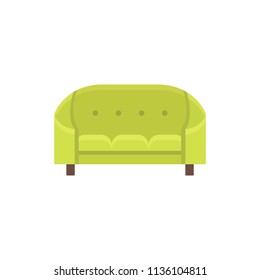 Green cabriole. Tufted vintage sofa. Vector illustration. Flat icon of settee. Element of retro home & office furniture. Front view.