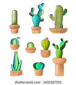 Green cacti of different species. Collection of indoor exotic plants in pots. Set of decorative natural succulents. Vector set of bright cacti.