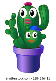 Green cacti with eyes and smiles in a flower pot with a pink flowering. Cacti - characters mom and child. Cacti smilies linear image with gradient. Illustration for children