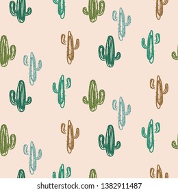 Green cacti modern youthful pattern seamless vector texture.