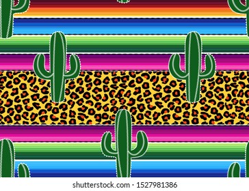 
Green cacti on the background of a Mexican blanket stripes and leopard texture. Vector seamless pattern.
Cinco de Mayo Party Decor.
