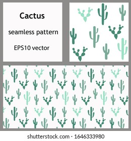 Green cacti seamless pattern and rectangular backdrop. Diffirent shapes hand-drawn succulents  for banners, scrapbooking paper, packaging. Stock vector illustration isolated on transparent background.