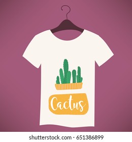 Green cacti with text for printing. Design of the layout of the print on the T-shirt. Cactus collection.