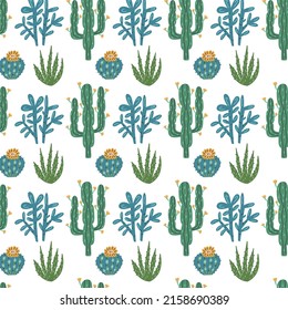 Green cactus aloe plant pattern. Nature botanical western cactus background hand drawn doodle naive vector art. Cute digital paper fabric textile wallpaper 