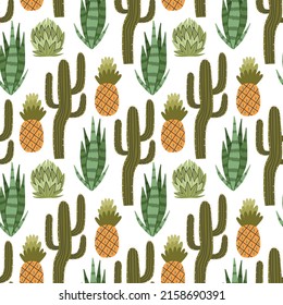 Green cactus ananas succulent pattern. Nature botanical western cactus background hand drawn doodle naive vector art. Cute digital paper fabric textile wallpaper 