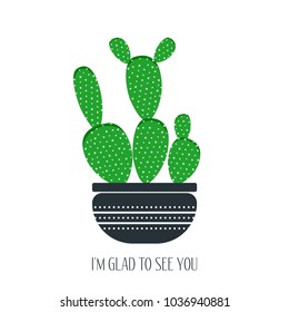 Green Cactus in a Black Pot on a White Background. Creative Vector Template with Text in Minimalism Style. Cactus Isolated for Card, Invitation, Paper, Postcard, Tile, Fabric, Textile or Your Project