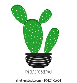 Green Cactus in a Black Pot on a White Background. Creative Vector Template with Text in Minimalism Style. Cactus Isolated for Card, Invitation, Paper, Postcard, Tile, Fabric, Textile or Your Project