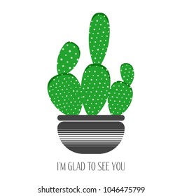 Green Cactus in a Black Pot on a White Background. Creative Vector Template with Text in Minimalism Style. Cactus Isolated for Card, Invitation, Paper, Postcard, Tile, Fabric, Textile or Your Project
