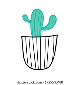 Green cactus in a black and white pot. Isolated vector illustration of a cactus in Doodle style.