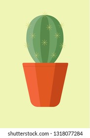 Green cactus in a brown pot on yellow background. 