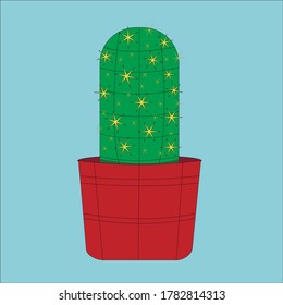 Green cactus in a brown pot on a blue background. Vector illustration.