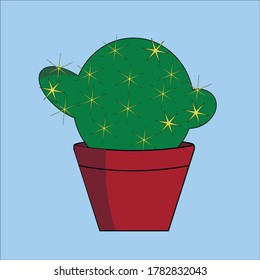 Green cactus in a brown pot on a blue background. Vector illustration.