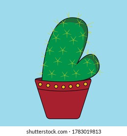 Green cactus in a brown pot on a blue background. Vector illustration.
