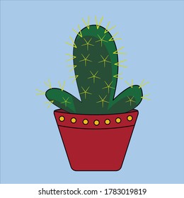 Green cactus in a brown pot on a blue background. Vector illustration.