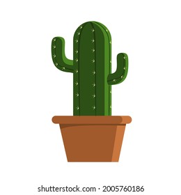 Cactus verde en la ilustración del vector de la olla marrón con estilo de dibujos animados 