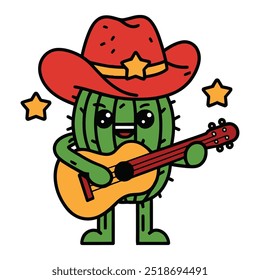 Green cactus cartoon character playing guitar in red cowboy hat